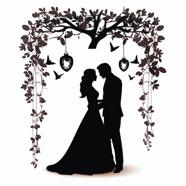 Silueta romántica de boda con pájaros y ornamentos de árboles