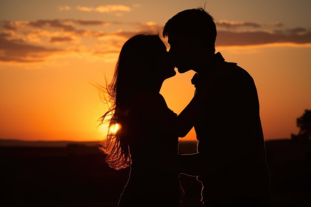 Foto silueta romântica de um casal a beijar-se ao pôr-do-sol