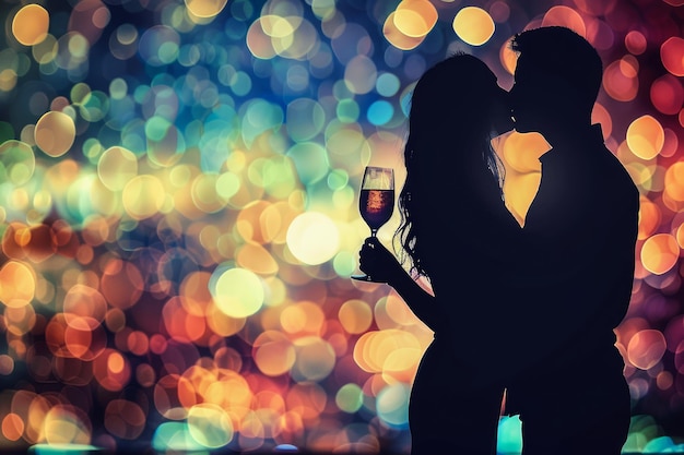 Silueta romántica de una pareja disfrutando del vino contra el fondo de coloridas luces bokeh