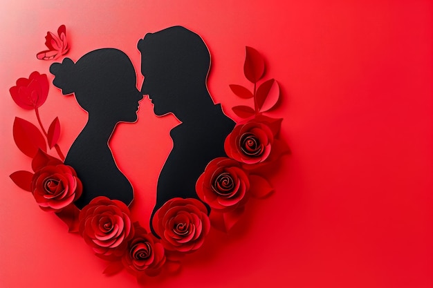 Silueta romántica de pareja con mariposas y rosas en fondo rojo para el Día de San Valentín