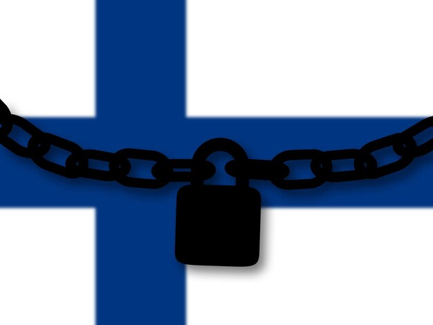 Silueta de seguridad de Finlandia de una cadena y un candado sobre la bandera nacional