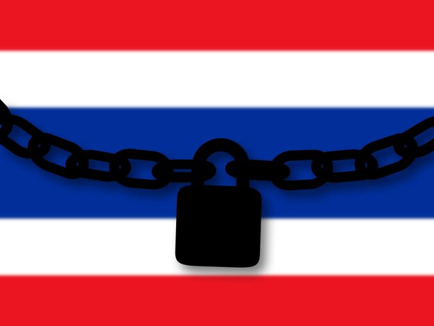 Silueta de seguridad de Tailandia de una cadena y un candado sobre la bandera nacional