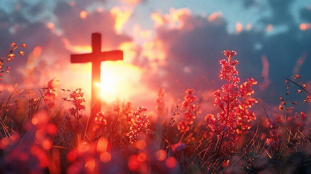 Silueta de un símbolo religioso una cruz en la hierba contra un fondo de puesta de sol IA generativa