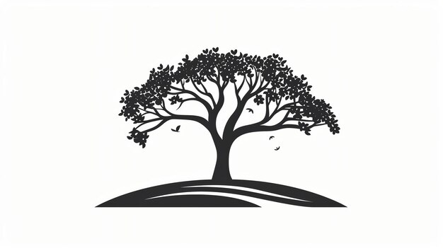 Una silueta simple de un árbol con pájaros volando a su alrededor
