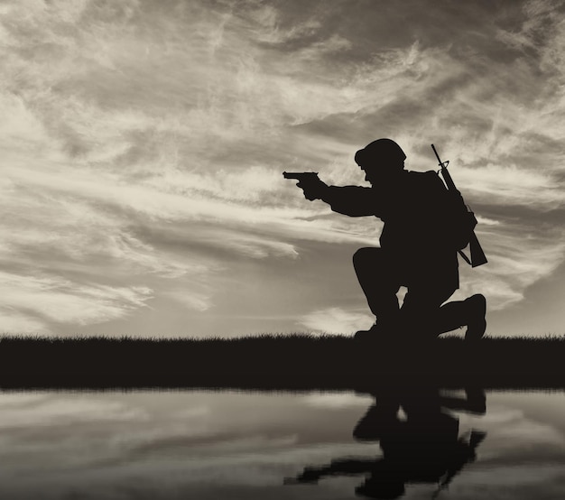 Silueta, de, soldado, con, un, arma de fuego