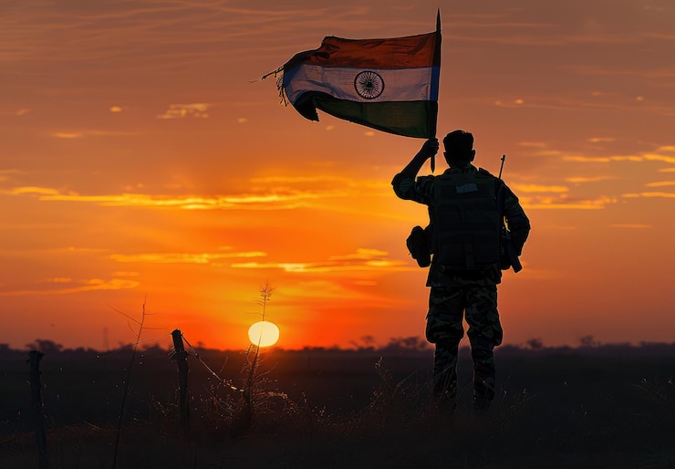 Foto una silueta de un soldado indio saludando mientras sostiene la bandera con la puesta de sol en el fondo