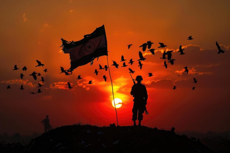Foto silueta de soldado con pájaros de la bandera de la india puesta de sol amanecer celebración del día de la independencia