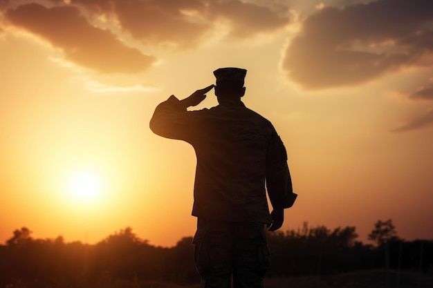 Silueta de un soldado saludando al atardecer