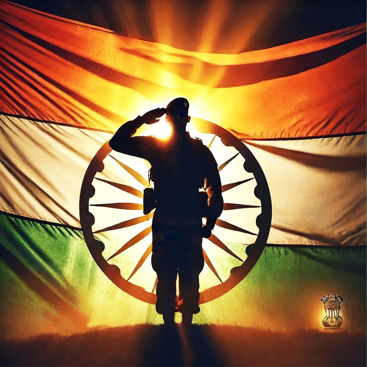 Foto silueta de un soldado saludando la bandera de la india socail puesto de medios y pancarta