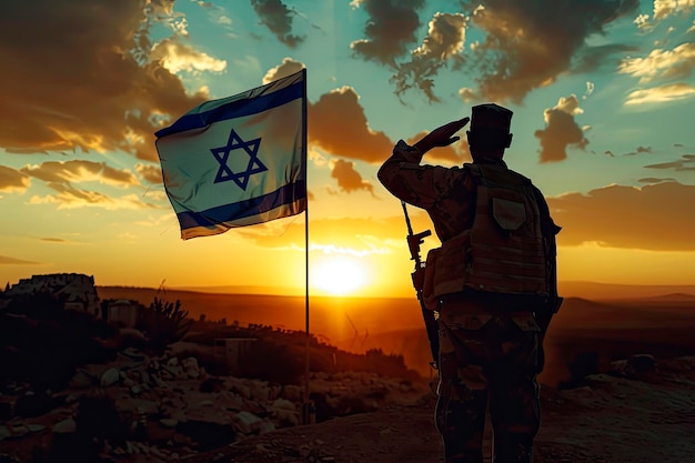 Foto silueta de un soldado saludando contra el amanecer a la bandera de israel