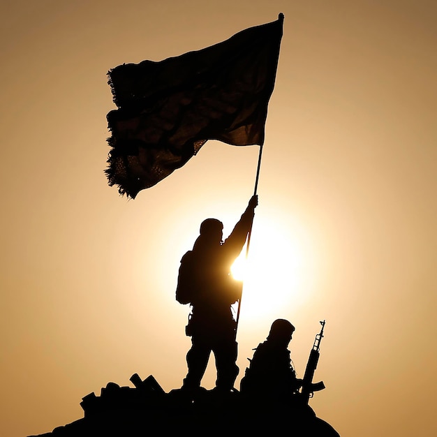 Silueta de un soldado sosteniendo una bandera al atardecer