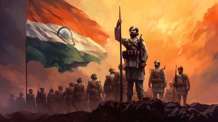 Silueta de soldados con bandera de la India en el fondo la puesta o el amanecer tarjeta de felicitación para