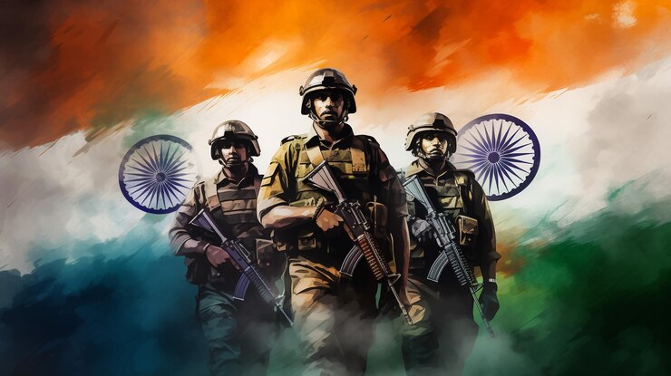Silueta de soldados con bandera de la India en el fondo la puesta o el amanecer tarjeta de felicitación para