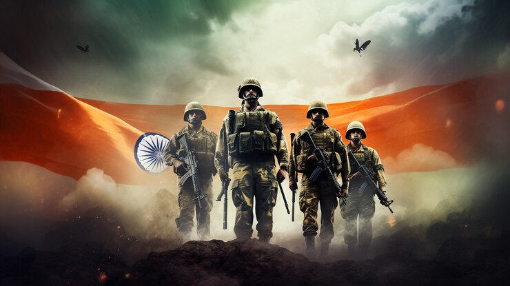 Silueta de soldados con bandera de la India en el fondo la puesta o el amanecer tarjeta de felicitación para