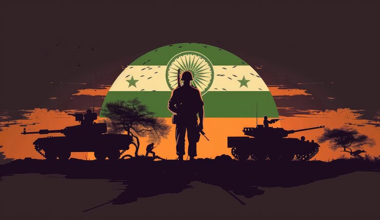 Foto una silueta de soldados de pie en alto en el frente con la bandera de la india ondeando detrás de él un vehículo del ejército moderno está estacionado a su lado y dos soldados de guardia cerca
