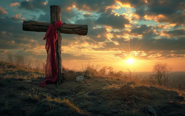 Foto la silueta de una sólida cruz de madera está puesta contra la impresionante puesta de sol