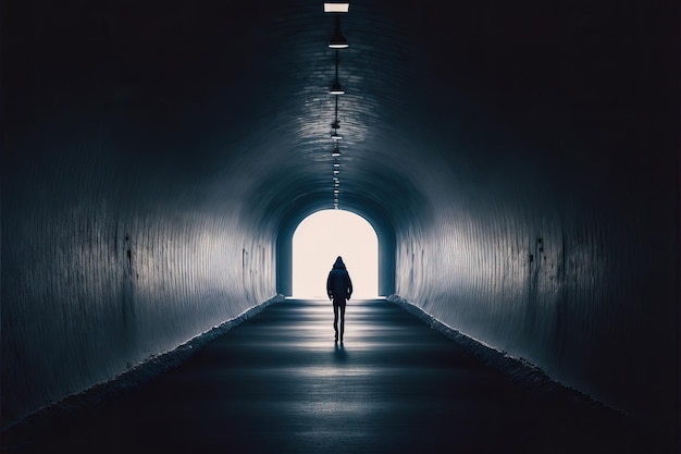 Foto silueta solitaria de un adolescente caminando hacia la luz al final