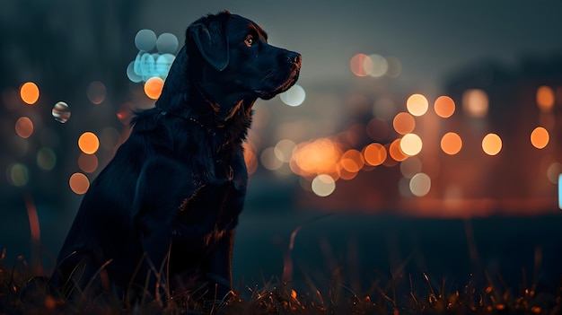 Foto la silueta del stafford terrier contra las luces nocturnas de la ciudad