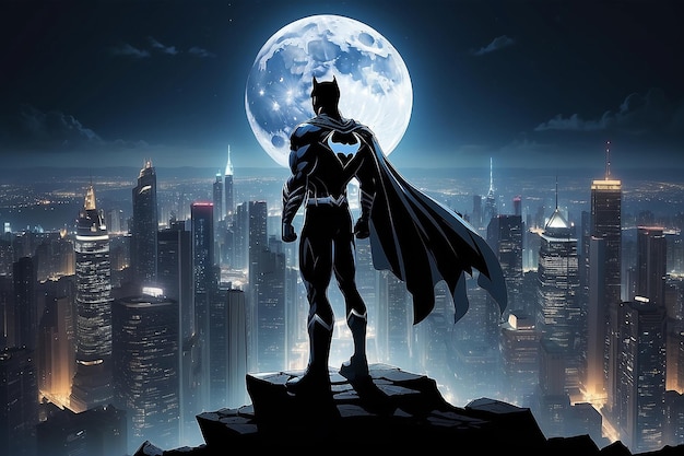 Foto silueta de un superhéroe de pie en el borde de un edificio con paisaje urbano nocturno y luna llena como fondo