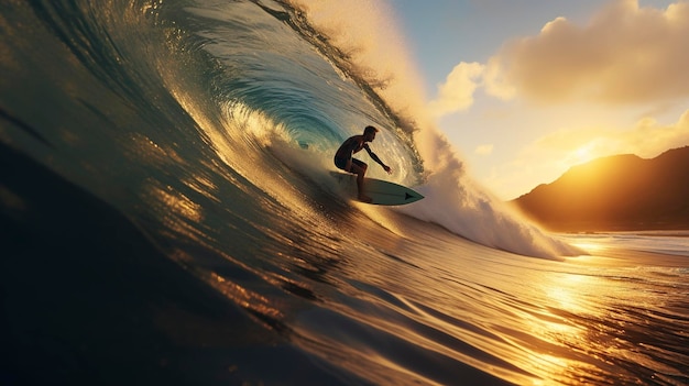 Silueta de surfista atrapando una ola al atardecer