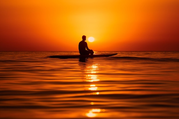 Silueta de un surfista sentado en una tabla de surf en el mar al atardecer fotografía de luz suave