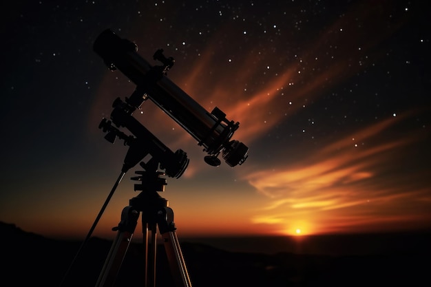 Silueta del telescopio contra el fondo del atardecer Aficiones de la astronomía amateur Observación del cielo nocturno