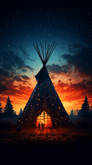 Foto silueta de un tipi indio nativo americano bajo una noche estrellada papel pintado móvil vertical