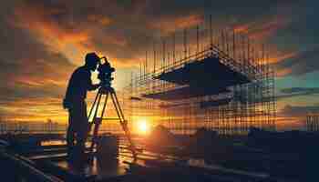 Foto silueta de un topógrafo trabajando con un teodolito en un trípode en un sitio de construcción durante la puesta del sol