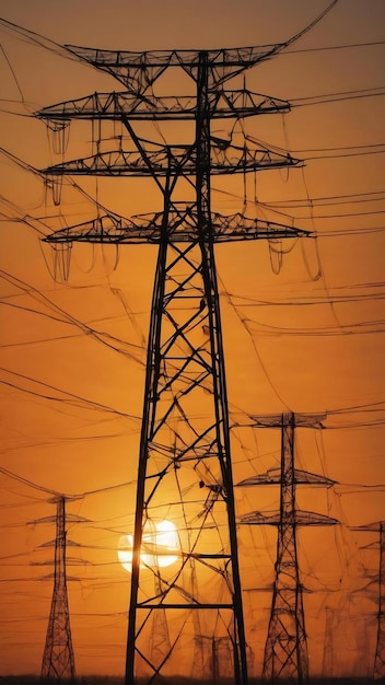 Silueta de torres eléctricas en la distancia en una puesta de sol amarilla