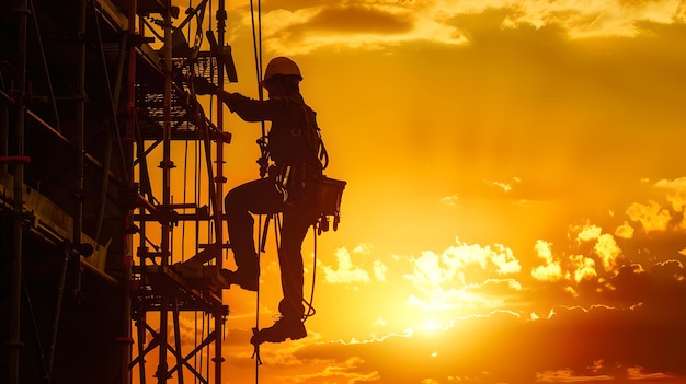 Silueta de un trabajador de la construcción durante la escena industrial del atardecer con andamios seguridad laboral y concepto de trabajo duro artesanía comercial en el sitio al anochecer AI