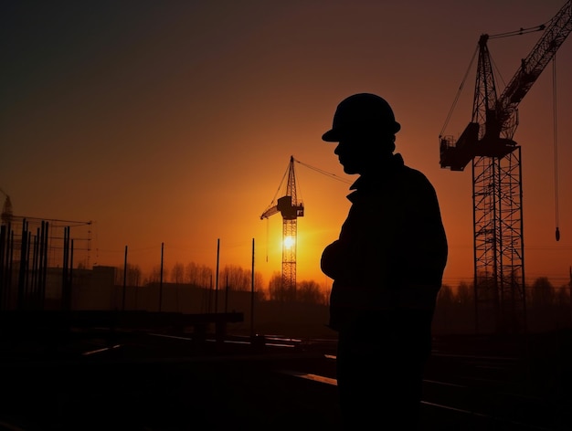 Una silueta de un trabajador de la construcción con un sombrero duro se para frente a una puesta de sol.
