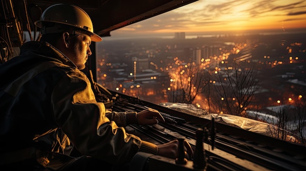 silueta de un trabajador de la construcción trabajando en el sitio de construcción y la grúa torre al atardecer