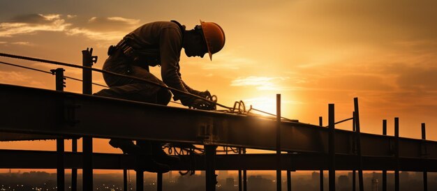 Silueta de un trabajador de la construcción en la vista del atardecer imagen generada por IA