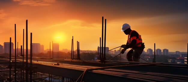 Silueta de un trabajador de la construcción en la vista del atardecer imagen generada por IA