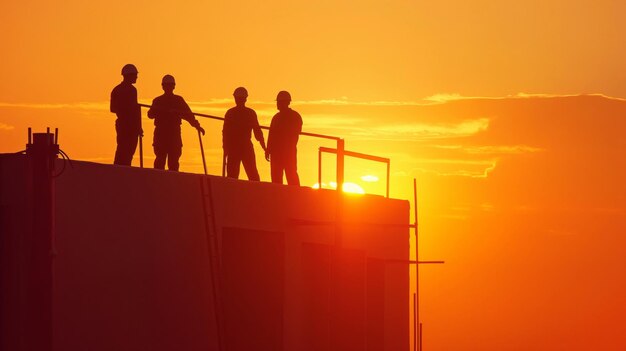 Silueta de trabajadores de la construcción al atardecer