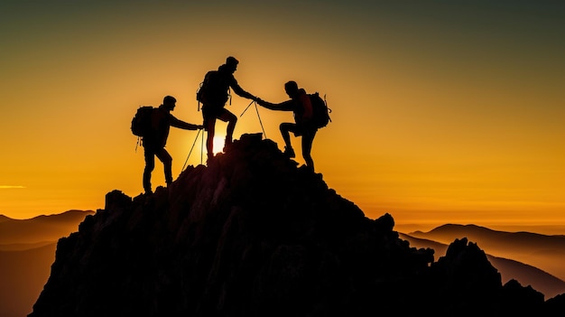 Silueta de trabajo en equipo de tres excursionistas que se ayudan mutuamente en la cima del equipo de escalada de montaña Generative Ai