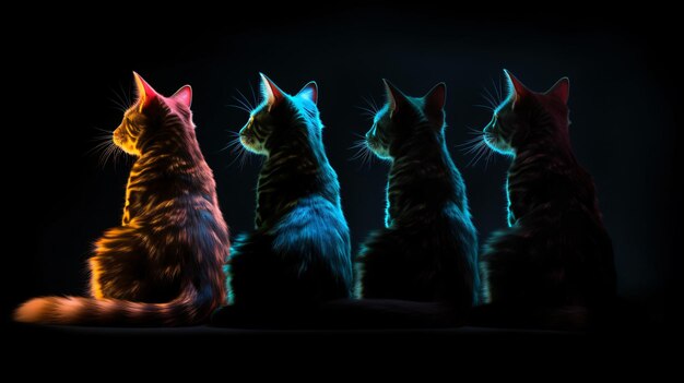 Foto silueta de tres gatos de colores aislados en la oscuridad