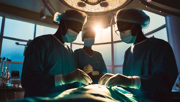 silueta de tres médicos haciendo una operación quirúrgica en la sala de operaciones