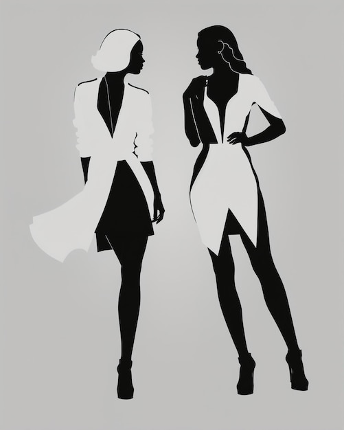 Silueta de tres mujeres con vestidos en blanco y negro en un estudio generativo