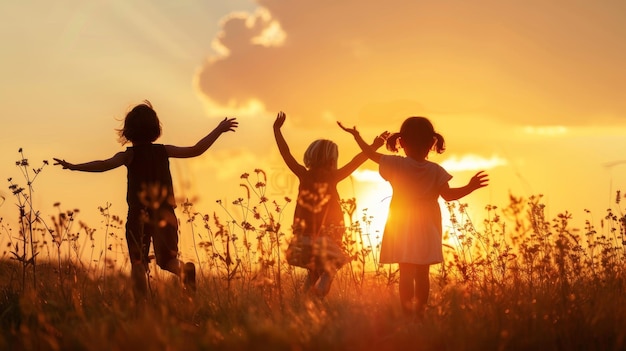 Una silueta de tres niños felices jugando en el campo mientras el sol se pone se están divirtiendo en la naturaleza y preparándose para ir a la escuela