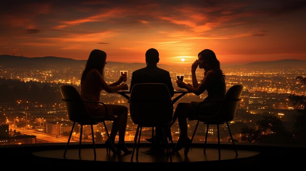 Una silueta de tres personas sentadas en una mesa en un círculo con un paisaje urbano al fondo