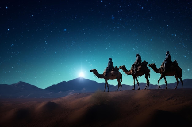 Foto silueta de tres reyes magos montando un camello a lo largo del camino de las estrellas para encontrarse con jesús en el primer nacimiento