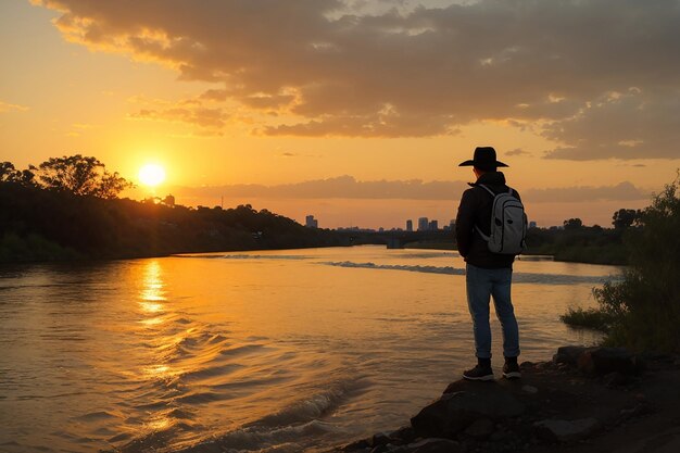 Foto silueta de un turista mirando la puesta de sol en el río