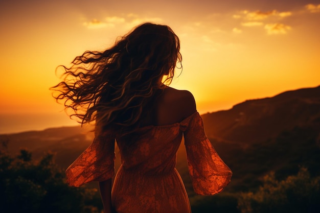 Silueta de una turista mujer con el cabello largo sintiendo libertad y felicidad mirando el color brillante