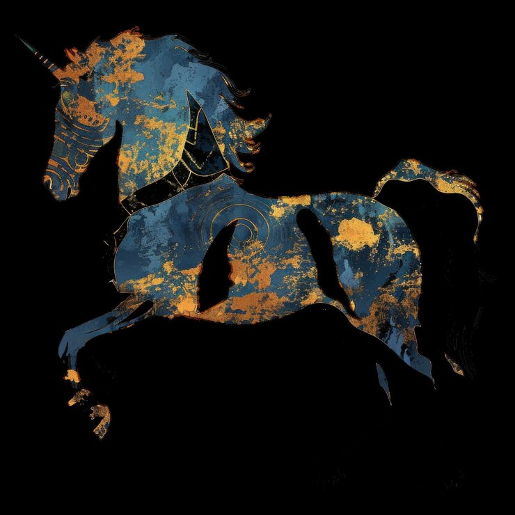 Una silueta de unicornio abstracta y colorida sobre un fondo negro