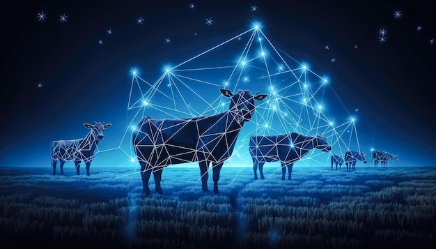 Silueta de vacas en un prado por la noche