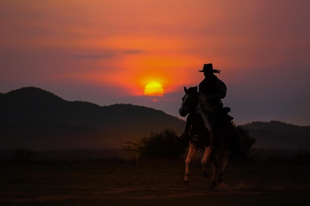 Silueta de vaquero a caballo y puesta de sol como fondo