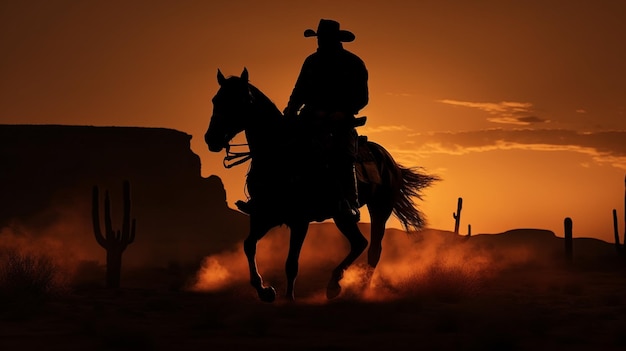 Foto silueta de un vaquero en el campo al atardecer