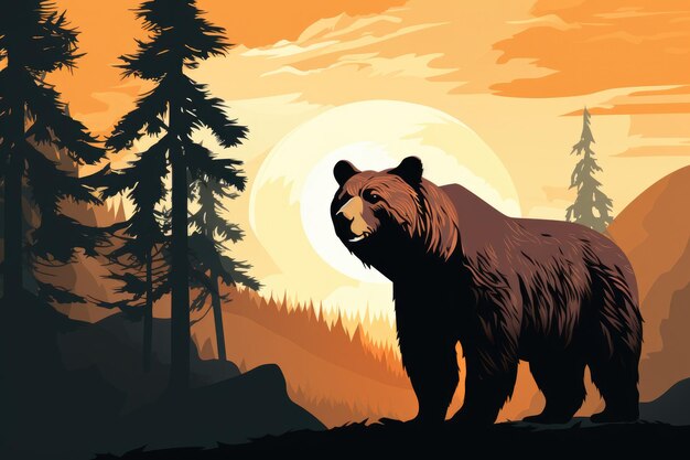 silueta vectorial de un oso en el atardecer del bosque en el fondo