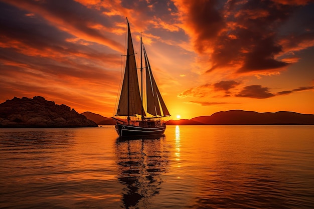 Silueta de un velero frente a una impresionante puesta de sol en una bahía remota